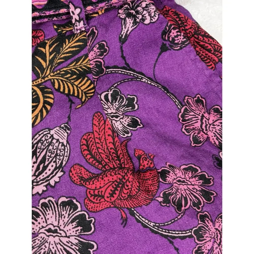 Nicole Miller New York Linen Shorts Womens 6 Purple Floral Print Belted Boho